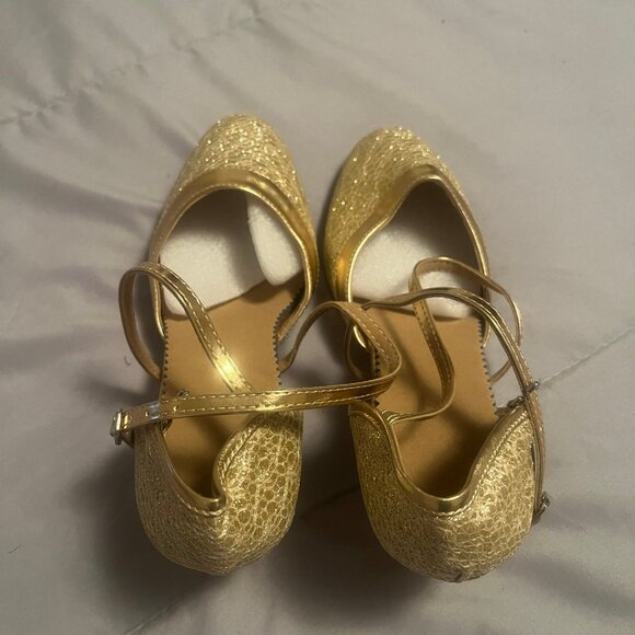 Women Size 8.5 Golden Sparkly Metallic Latin Dance Heel Shoes with Cross Strap - Picture 5 of 8